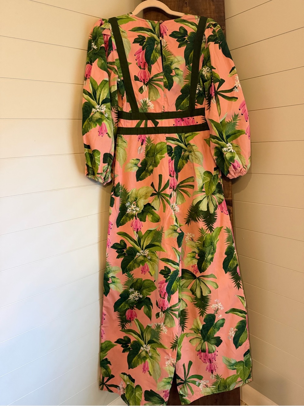 Anthropologie Pink Tropical Floral Wide-Leg Jumpsuit with Green Trim - Picture 4 of 6